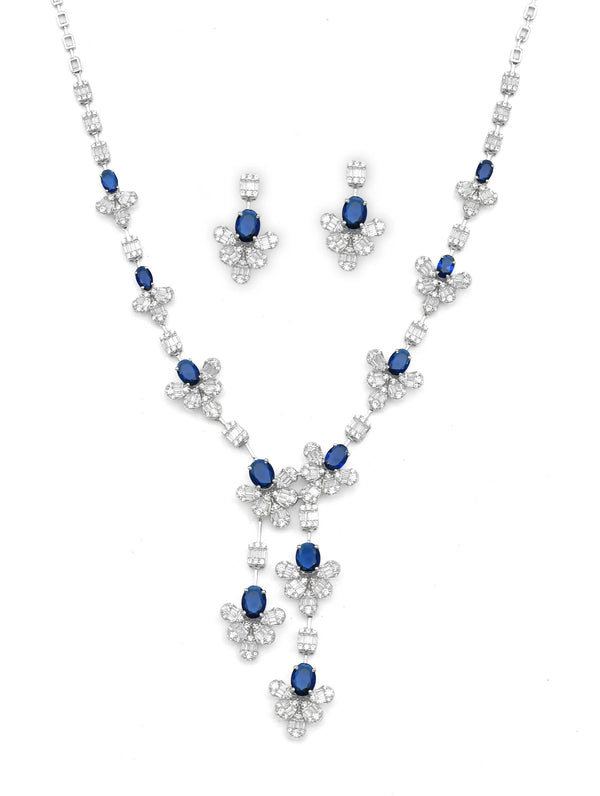 Pure 925 Silver Blue Flower Necklace Set For Women