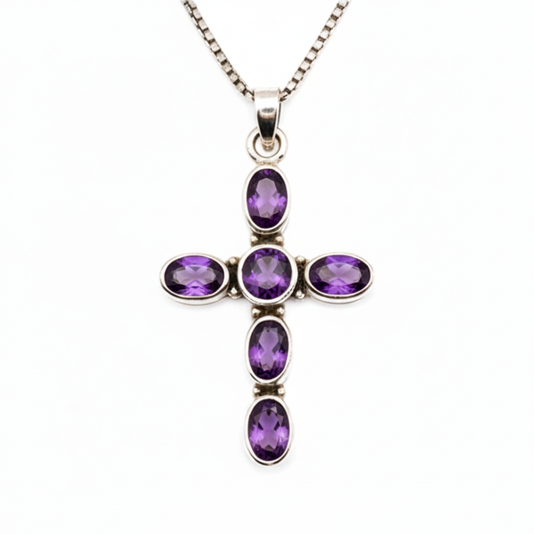 Pure 925 Silver Cross Amethyst Pendant For Men & Women