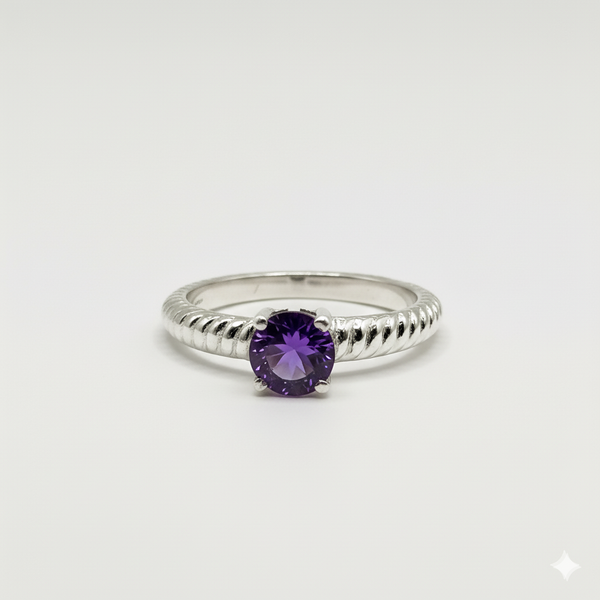 Pure 925 Silver Ribbed Amethyst Ring For Women