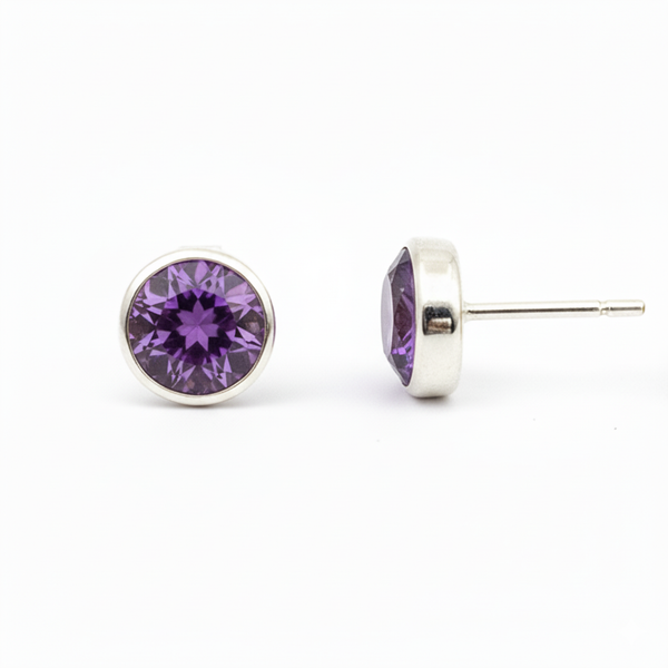 Pure 925 Silver Round Cut Amethyst Stud Earrings For Men & Women