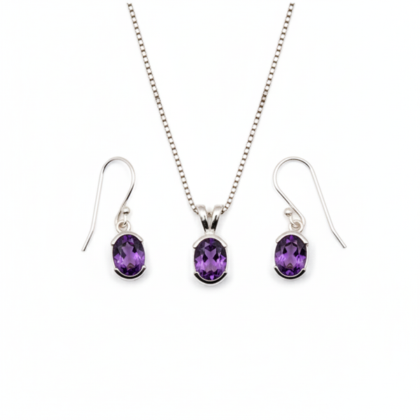 Pure 925 Silver Amethyst Pendant Set For Women