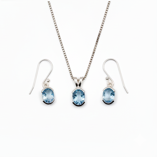 Pure 925 Silver Blue Topaz Pendant Set For Women